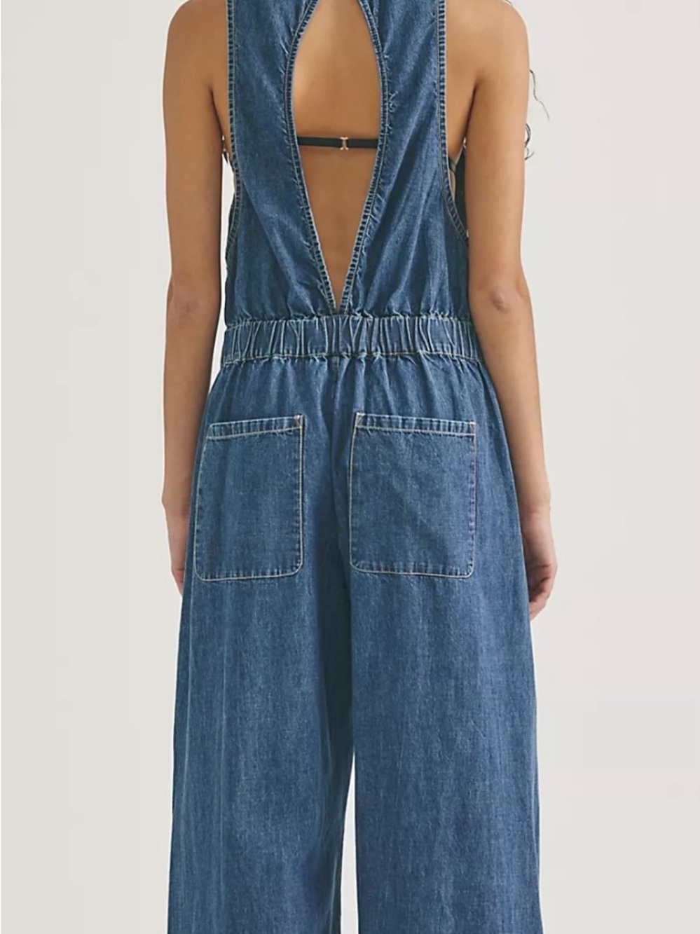 Free People Washed Blue Denim Wide-Leg Overalls - Picture 2 of 6
